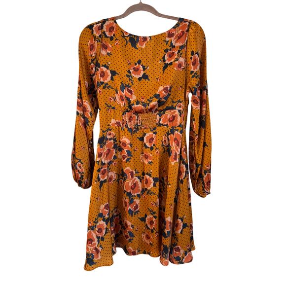 Free People Morning Light Golden Yellow Print Long Sleeve Mini Dress Size 8 - Picture 3 of 6